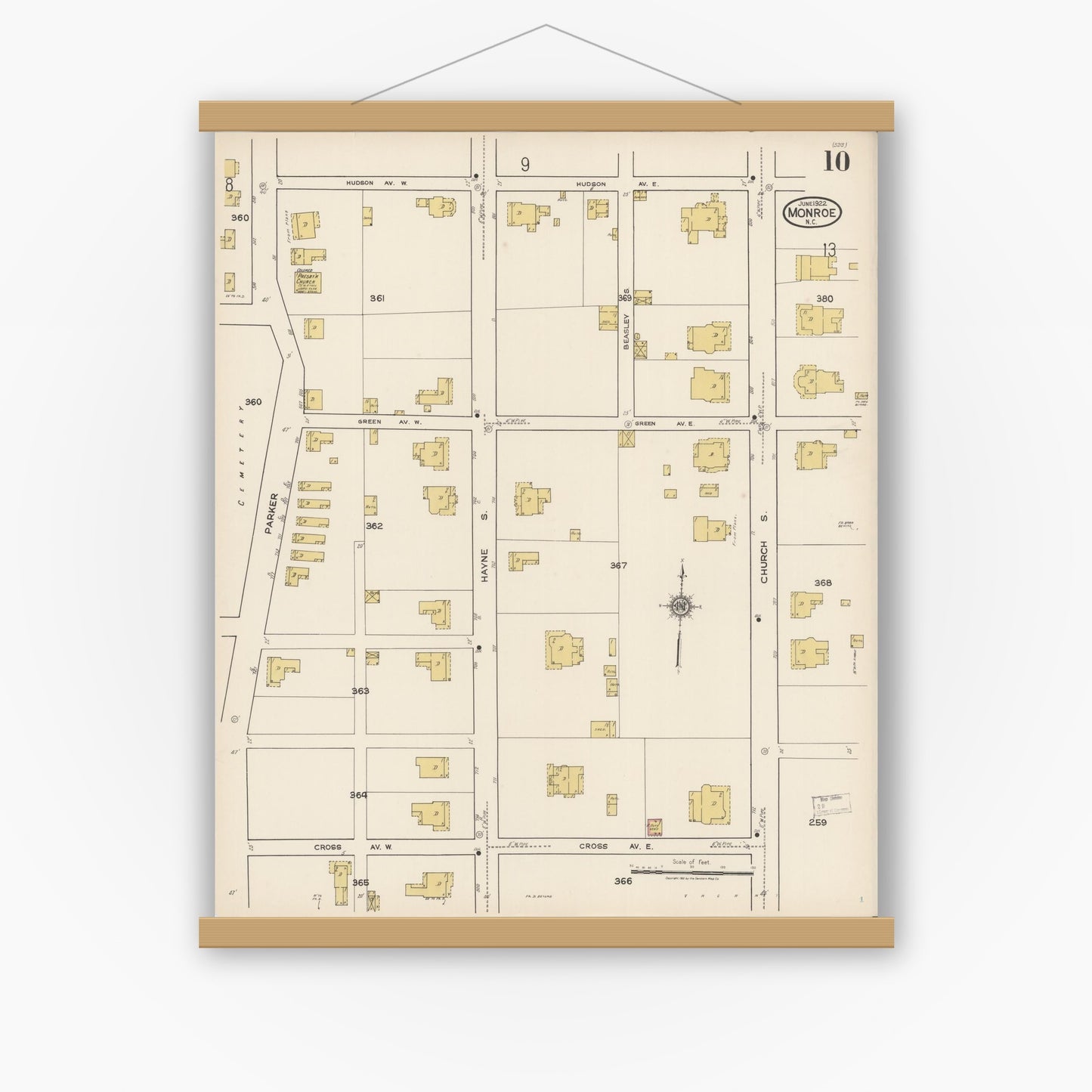 Old map wall art mockup — magnetic wood frame on white wall — Sanborn Fire Insurance Map from Monroe, Union County, North Carolina (1922), Sheet #0010