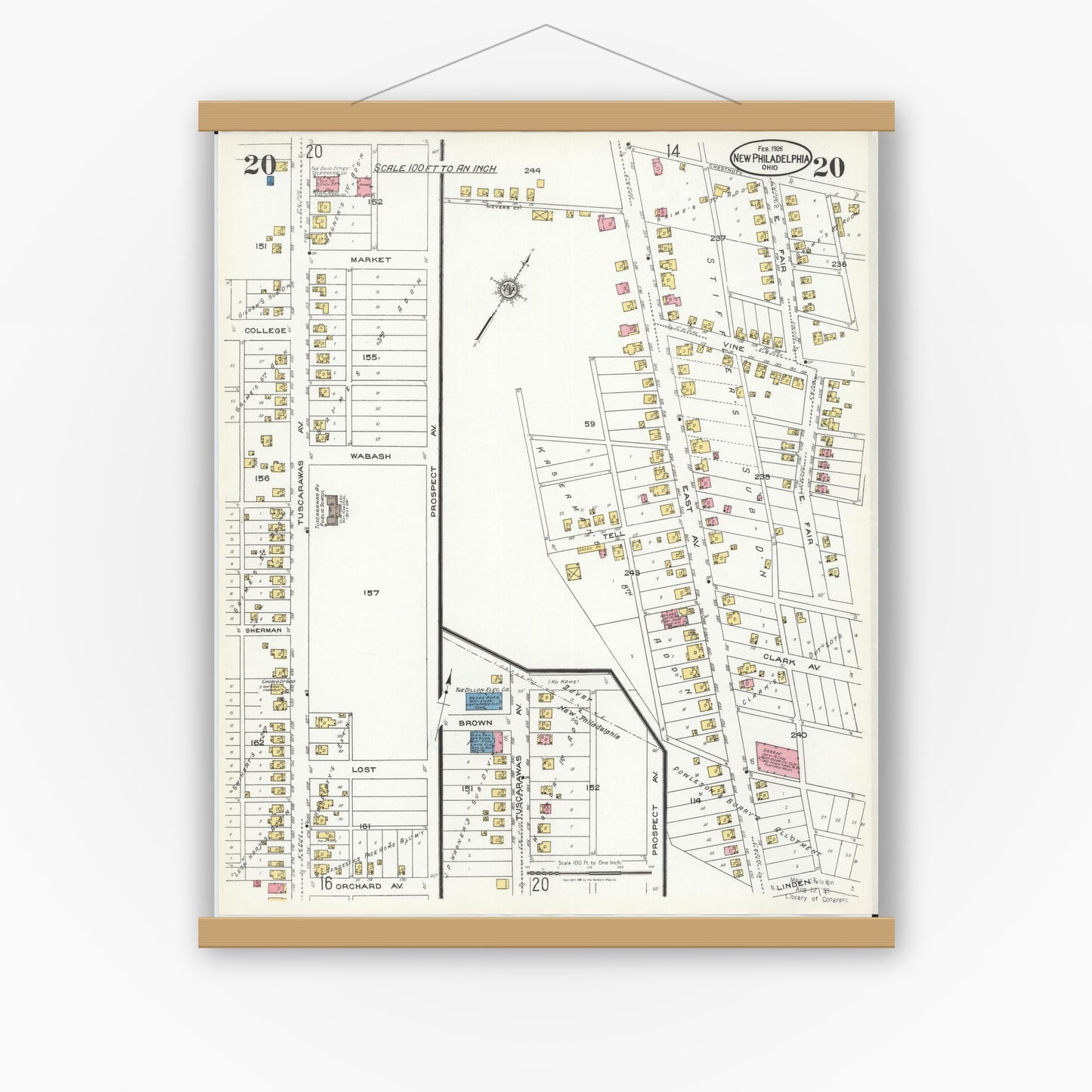 Old map wall art mockup — magnetic wood frame on white wall — Sanborn Fire Insurance Map from New Philadelphia, Tuscarawas County, Ohio (1926), Sheet #0020