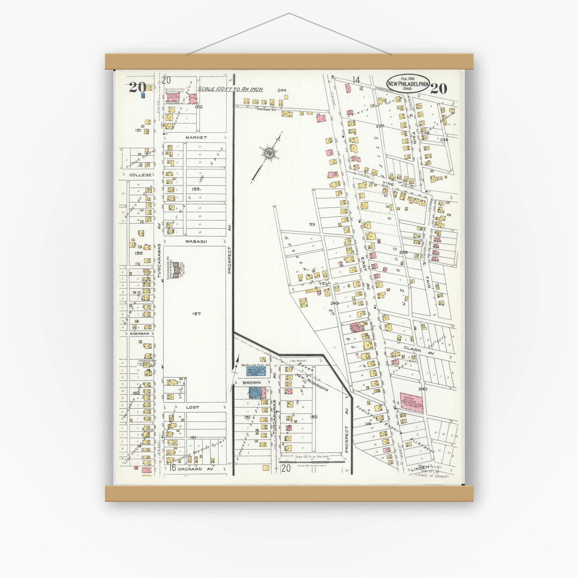 Old map wall art mockup — magnetic wood frame on white wall — Sanborn Fire Insurance Map from New Philadelphia, Tuscarawas County, Ohio (1926), Sheet #0020