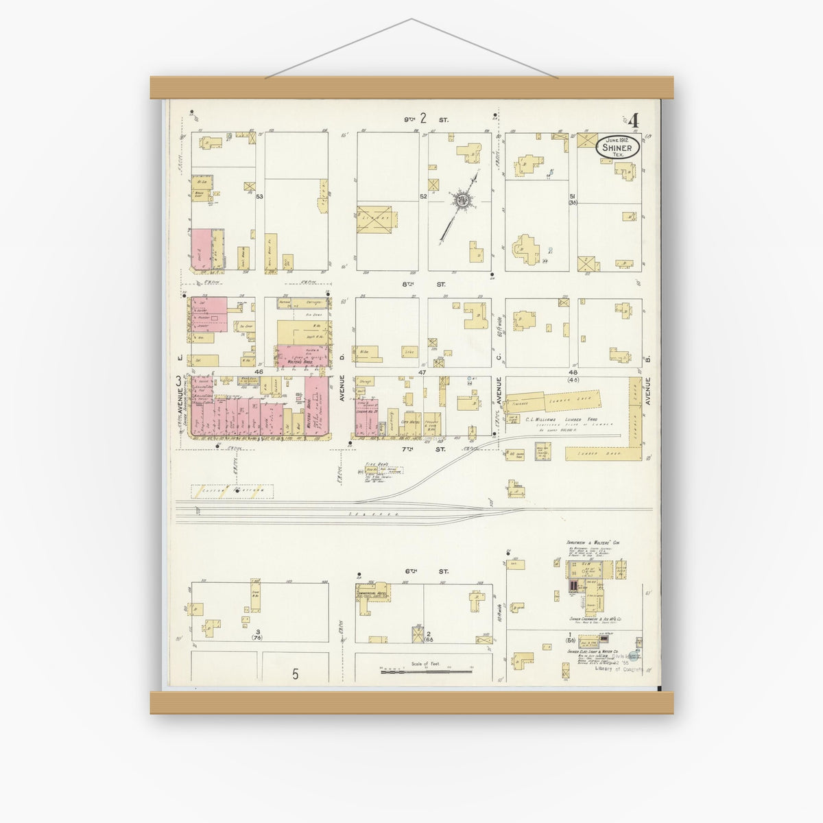 Old map wall art mockup — magnetic wood frame on white wall — Sanborn Fire Insurance Map from Shiner, Lavaca County, Texas (1912), Sheet #0004