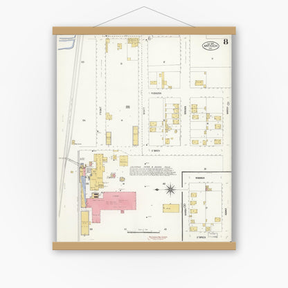 Old map wall art mockup — magnetic wood frame on white wall — Sanborn Fire Insurance Map from Antioch, Contra Costa County, California (1908), Sheet #0008