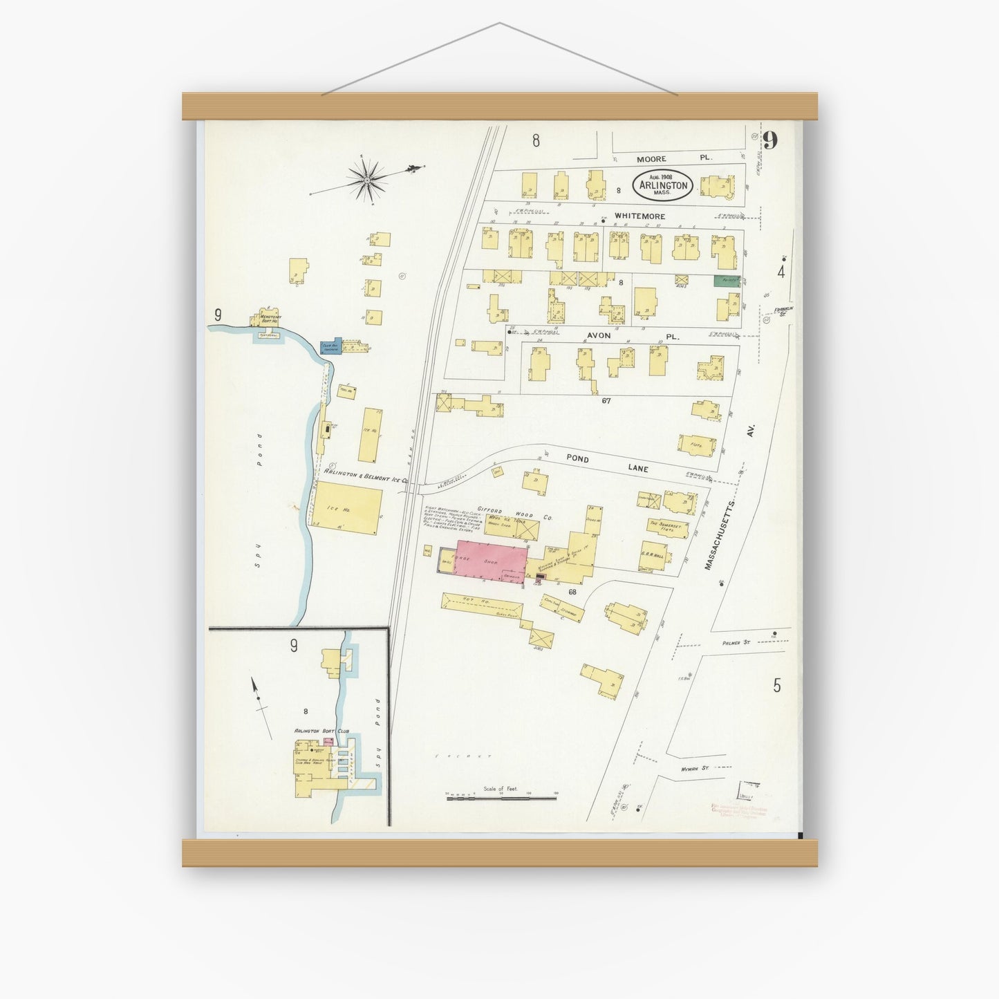 Old map wall art mockup — magnetic wood frame on white wall — Sanborn Fire Insurance Map from Arlington, Middlesex County, Massachusetts (1908), Sheet #0009