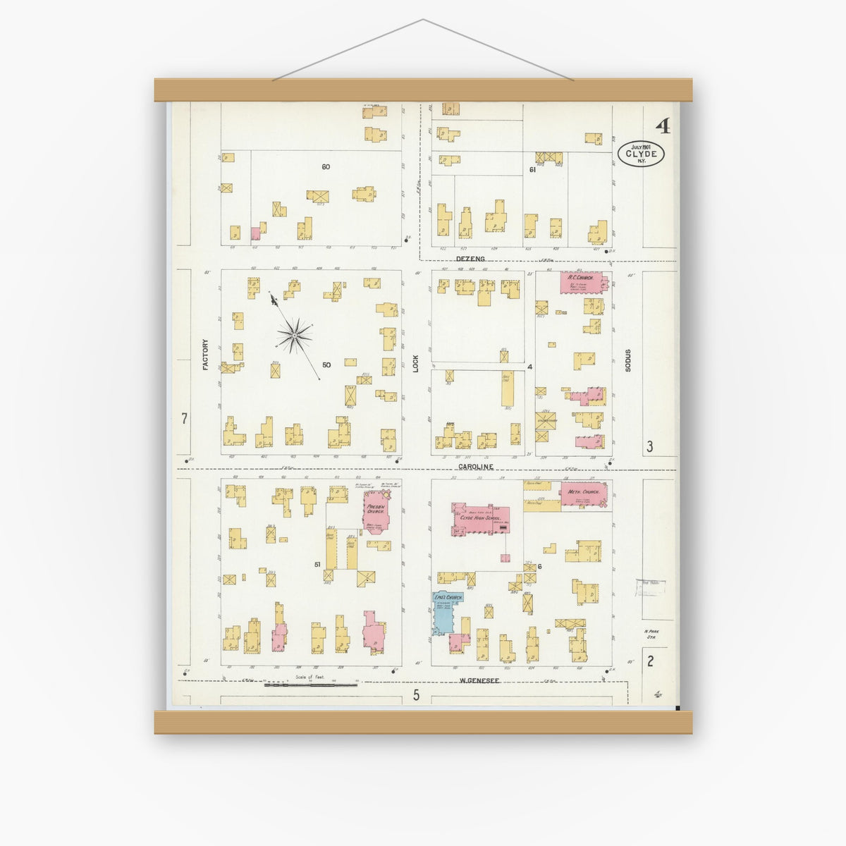 Old map wall art mockup — magnetic wood frame on white wall — Sanborn Fire Insurance Map from Clyde, Wayne County, New York (1901), Sheet #0004