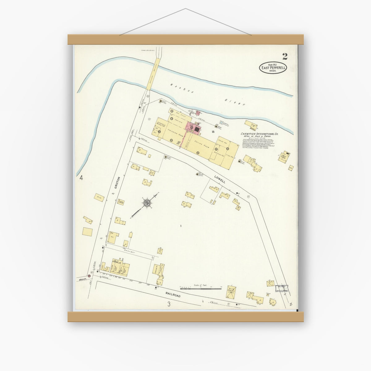 Old map wall art mockup — magnetic wood frame on white wall — Sanborn Fire Insurance Map from East Pepperell, Middlesex County, Massachusetts (1912), Sheet #0002