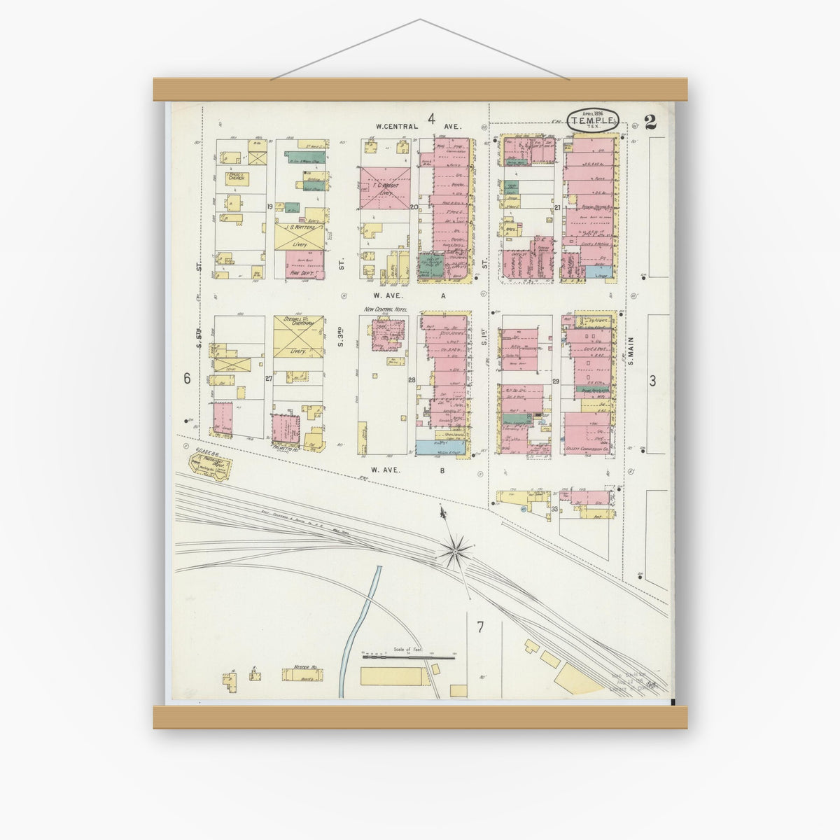 Old map wall art mockup — magnetic wood frame on white wall — Sanborn Fire Insurance Map from Temple, Bell County, Texas (1896), Sheet #0002