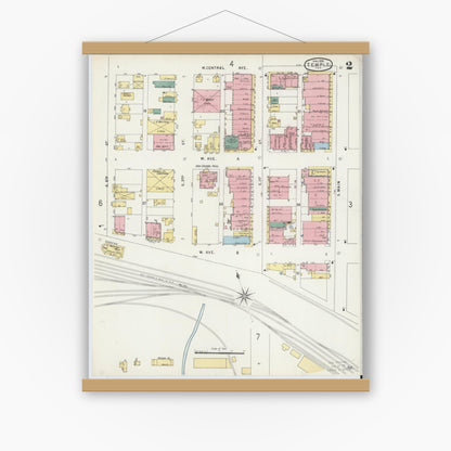 Old map wall art mockup — magnetic wood frame on white wall — Sanborn Fire Insurance Map from Temple, Bell County, Texas (1896), Sheet #0002
