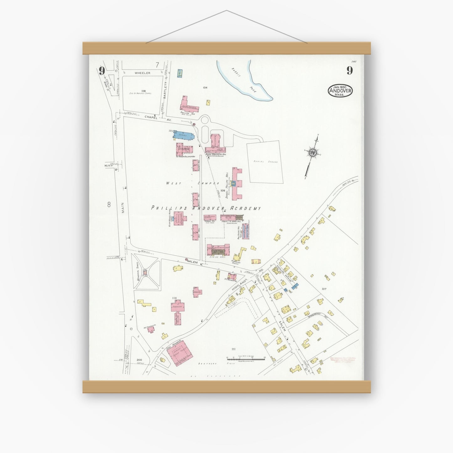 Old map wall art mockup — magnetic wood frame on white wall — Sanborn Fire Insurance Map from Andover, Essex County, Massachusetts (1930), Sheet #0009
