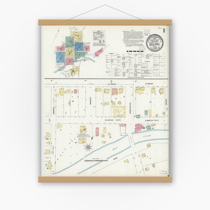 Old map wall art mockup — magnetic wood frame on white wall — Sanborn Fire Insurance Map from Delphi, Carroll County, Indiana (1906) - Complete Map Set
