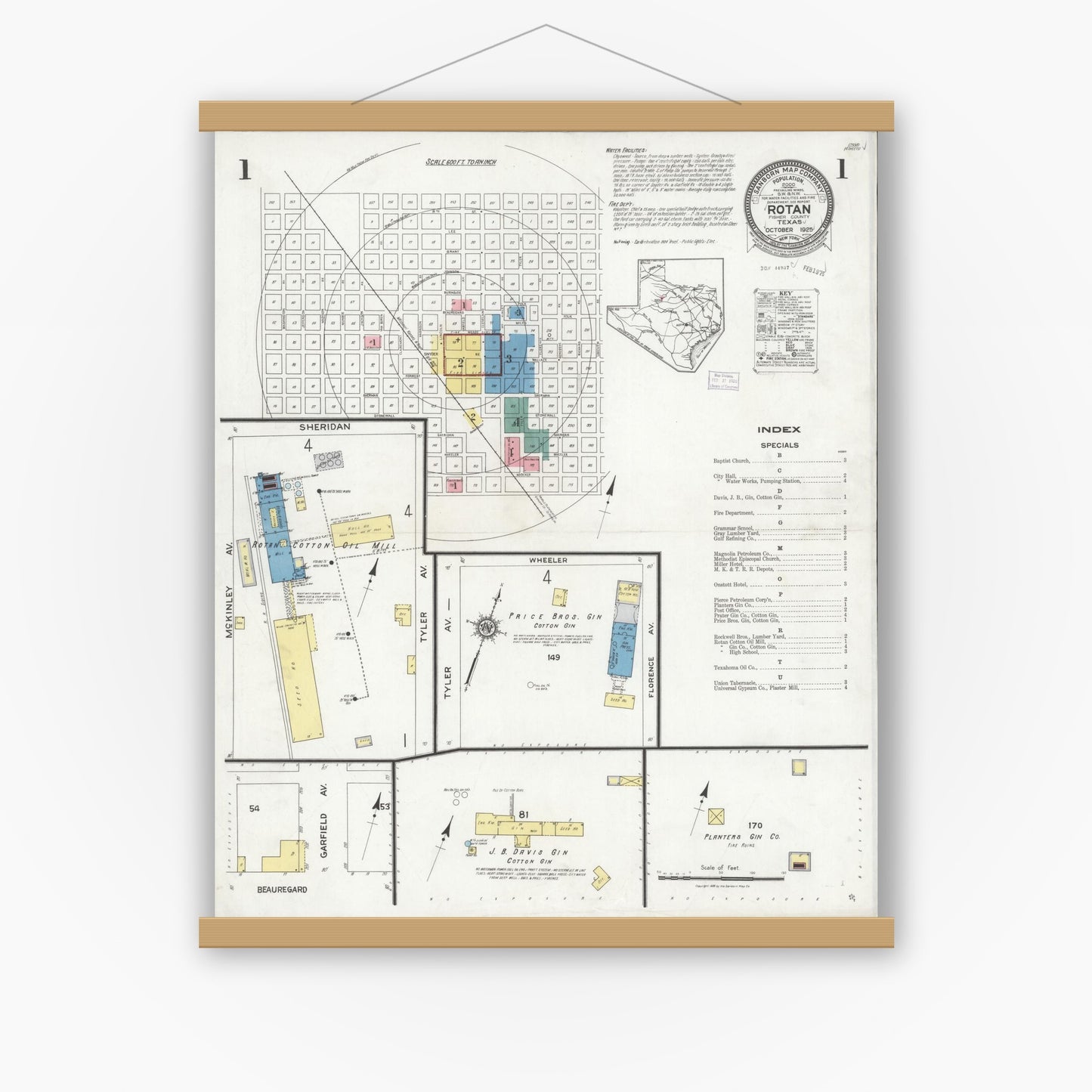 Old map wall art mockup — magnetic wood frame on white wall — Sanborn Fire Insurance Map from Rotan, Fisher County, Texas (1925), Sheet #0001