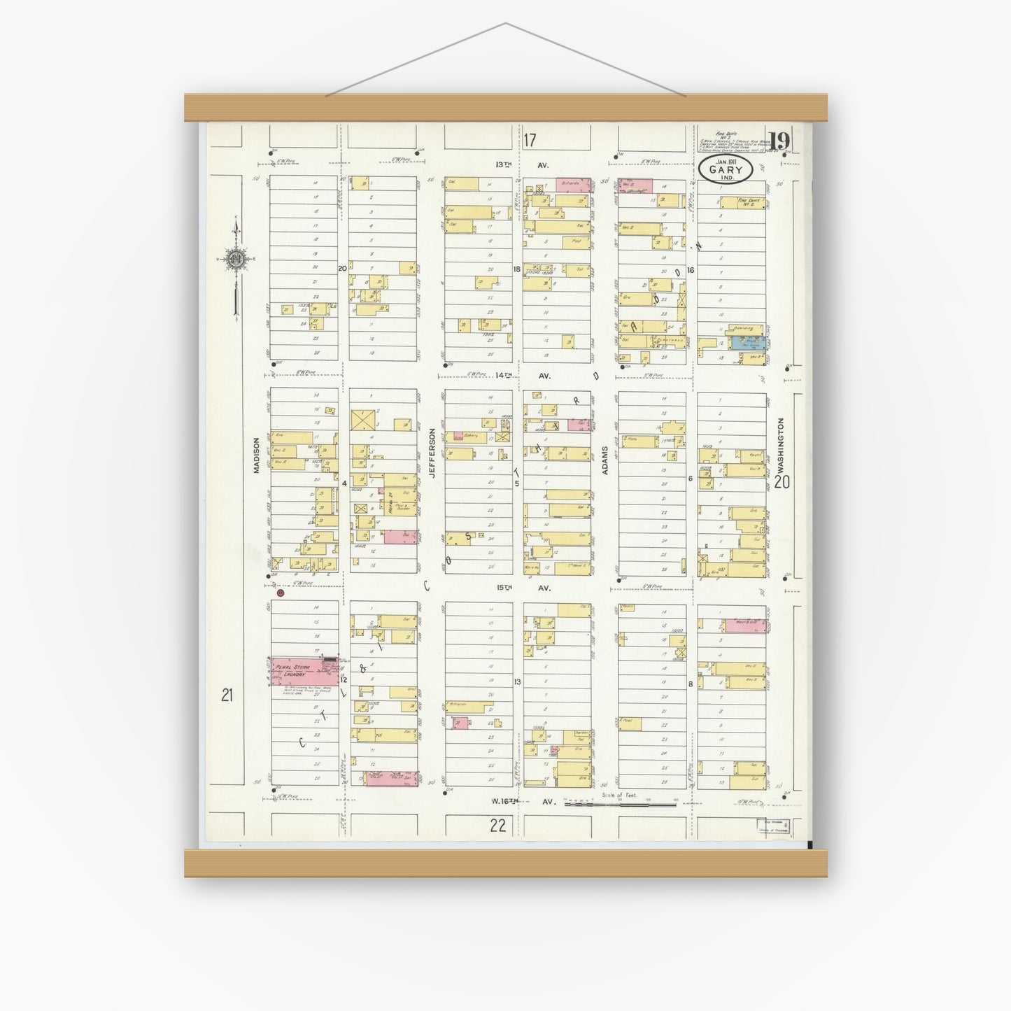 Old map wall art mockup — magnetic wood frame on white wall — Sanborn Fire Insurance Map from Gary, Lake County, Indiana (1911), Sheet #0019