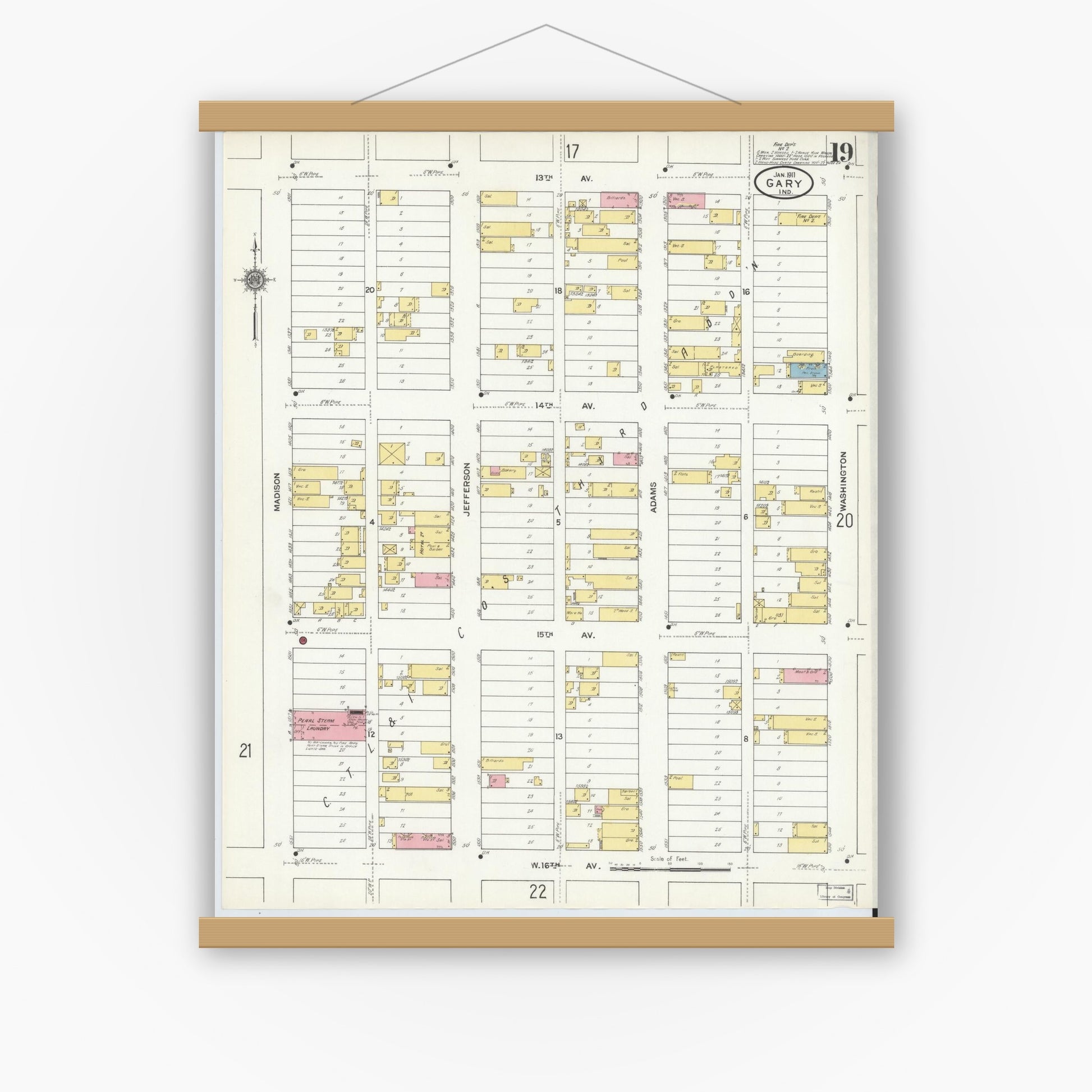 Old map wall art mockup — magnetic wood frame on white wall — Sanborn Fire Insurance Map from Gary, Lake County, Indiana (1911), Sheet #0019