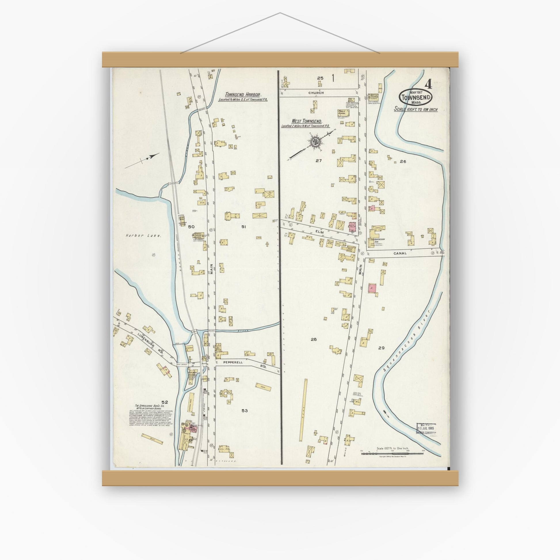 Old map wall art mockup — magnetic wood frame on white wall — Sanborn Fire Insurance Map from Townsend, Middlesex County, Massachusetts (1917), Sheet #0004