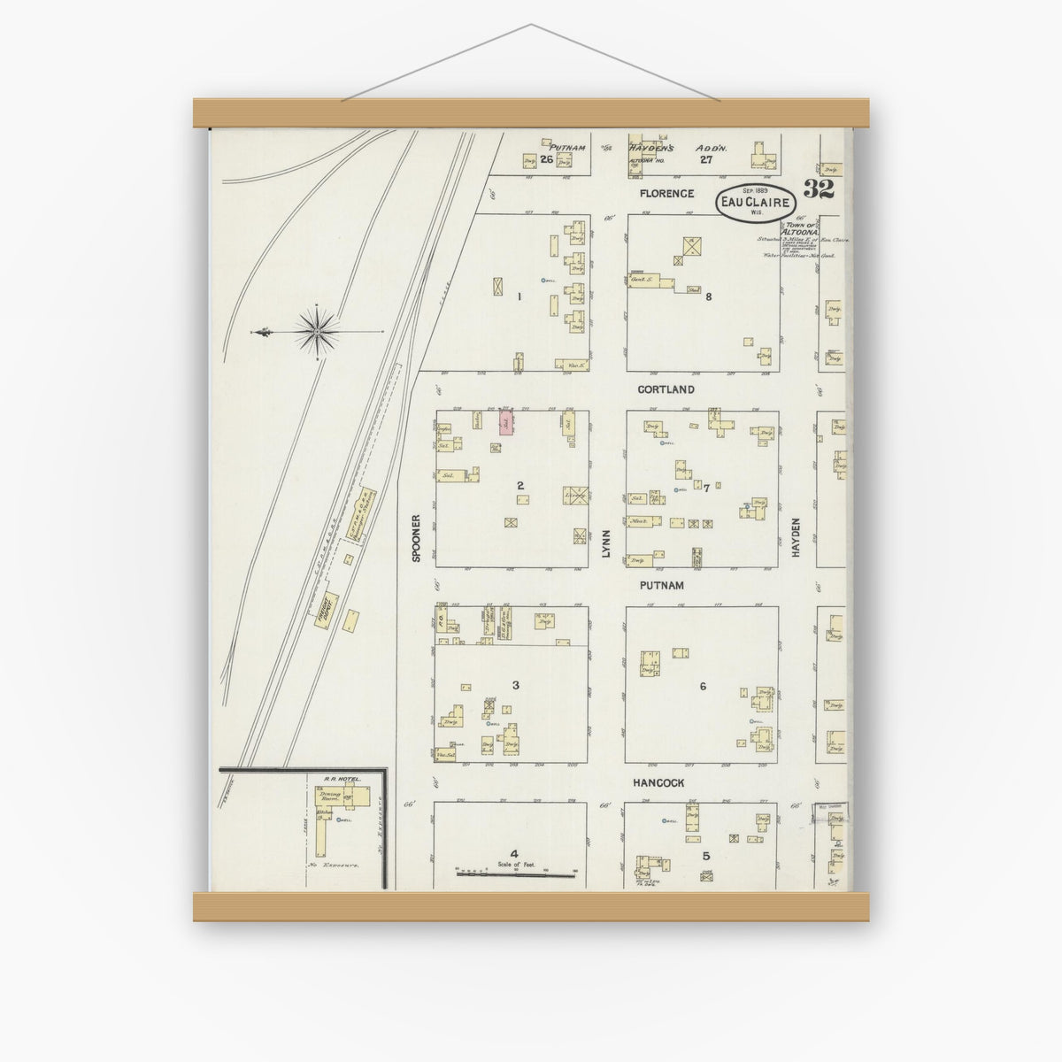 Old map wall art mockup — magnetic wood frame on white wall — Sanborn Fire Insurance Map from Eau Claire, Eau Claire County, Wisconsin (1889), Sheet #0032