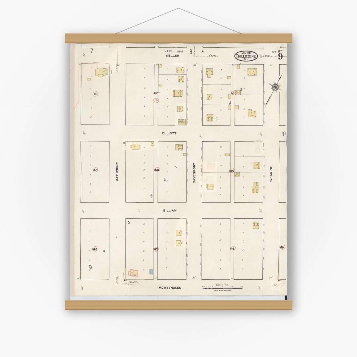 Old map wall art mockup — magnetic wood frame on white wall — Sanborn Fire Insurance Map from Chillicothe, Hardeman County, Texas (1941), Sheet #0009