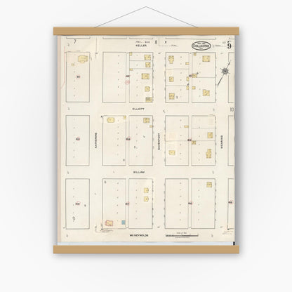 Old map wall art mockup — magnetic wood frame on white wall — Sanborn Fire Insurance Map from Chillicothe, Hardeman County, Texas (1941), Sheet #0009