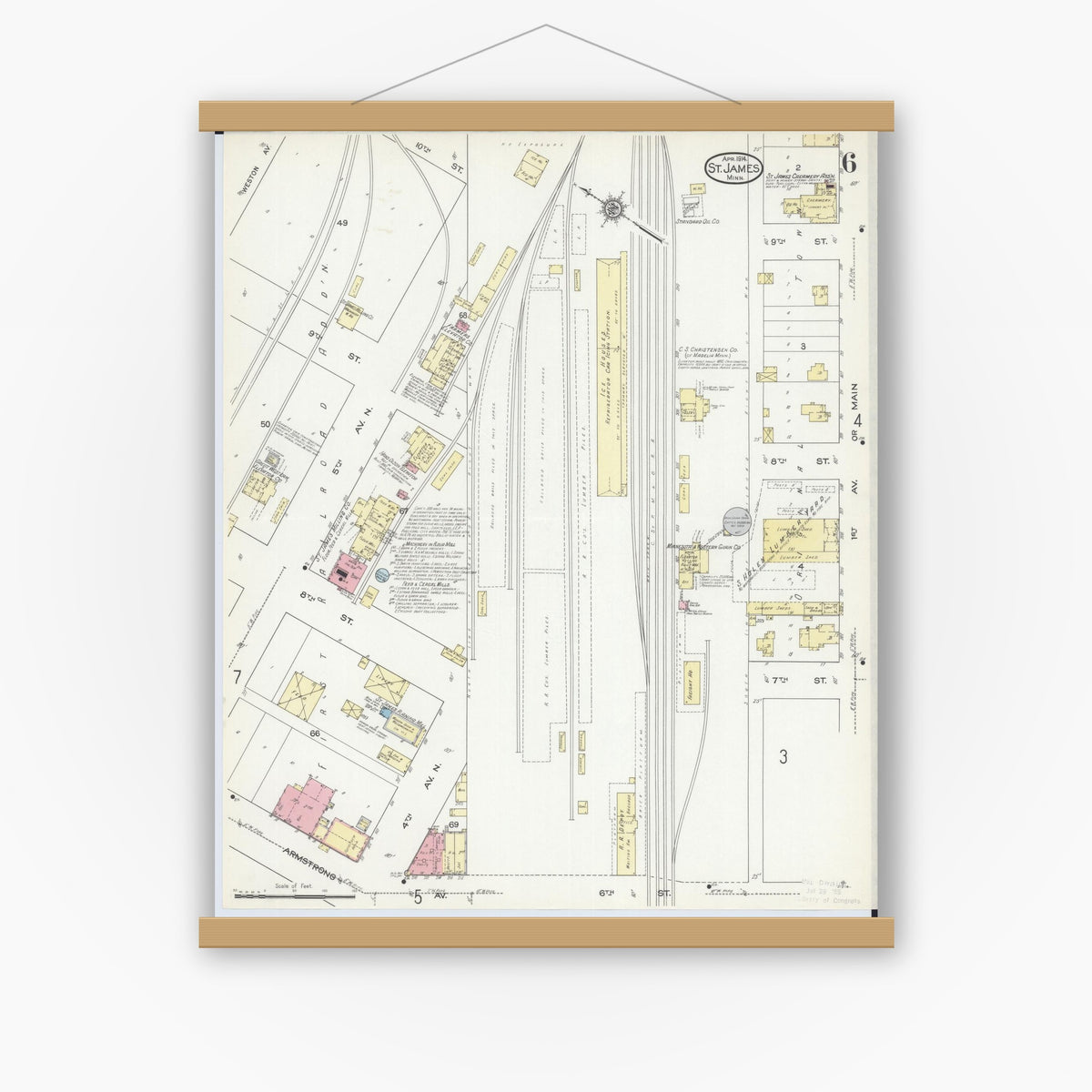 Old map wall art mockup — magnetic wood frame on white wall — Sanborn Fire Insurance Map from Saint James, Watonwan County, Minnesota (1914), Sheet #0006