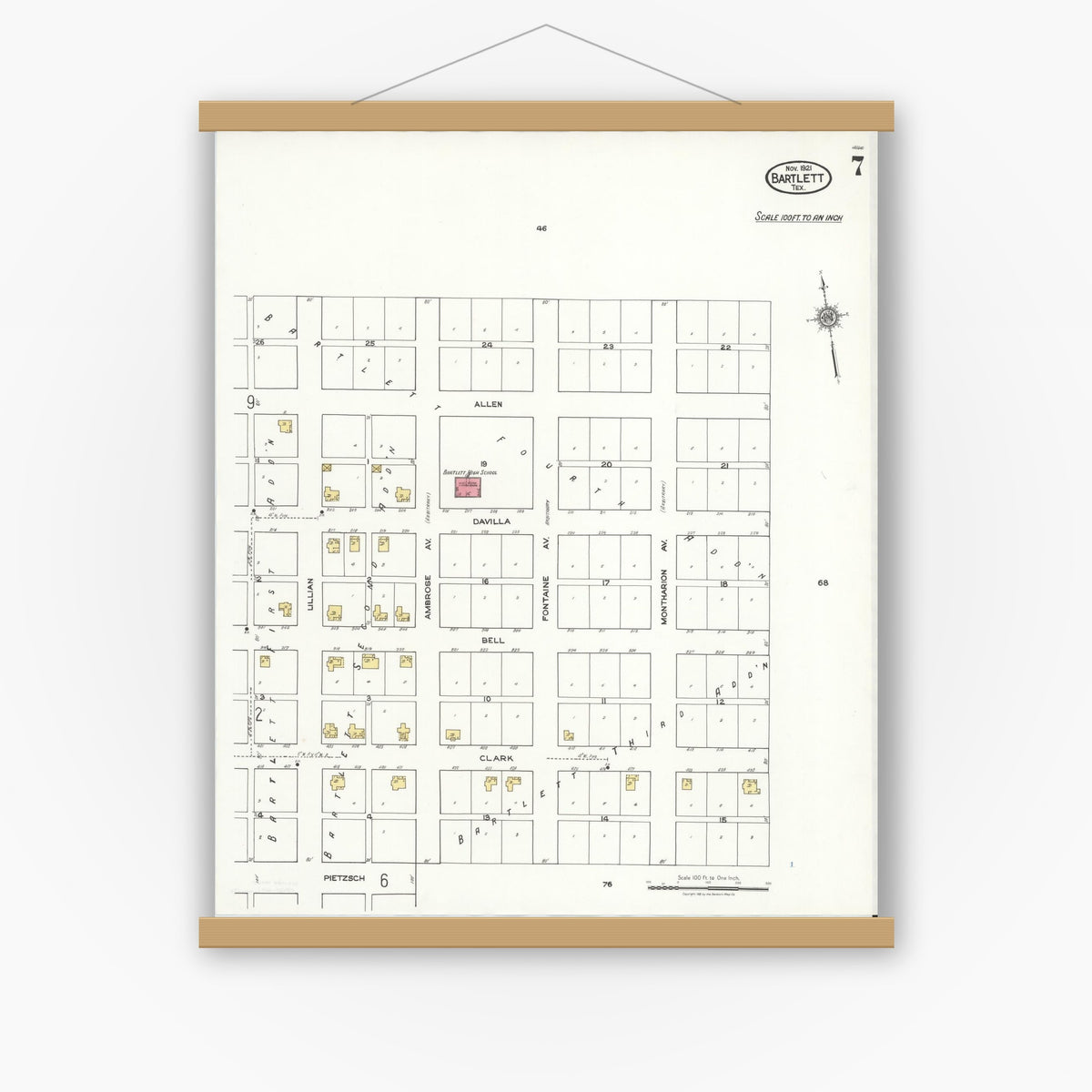 Old map wall art mockup — magnetic wood frame on white wall — Sanborn Fire Insurance Map from Bartlett, Bell and Williamson Counties, Texas (1921), Sheet #0007