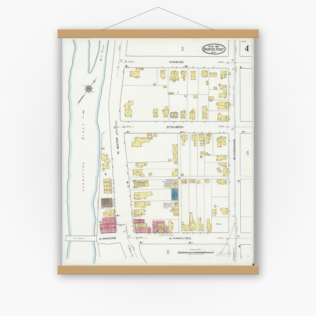 Old map wall art mockup — magnetic wood frame on white wall — Sanborn Fire Insurance Map from Painted Post, Steuben County, New York (1921), Sheet #0004