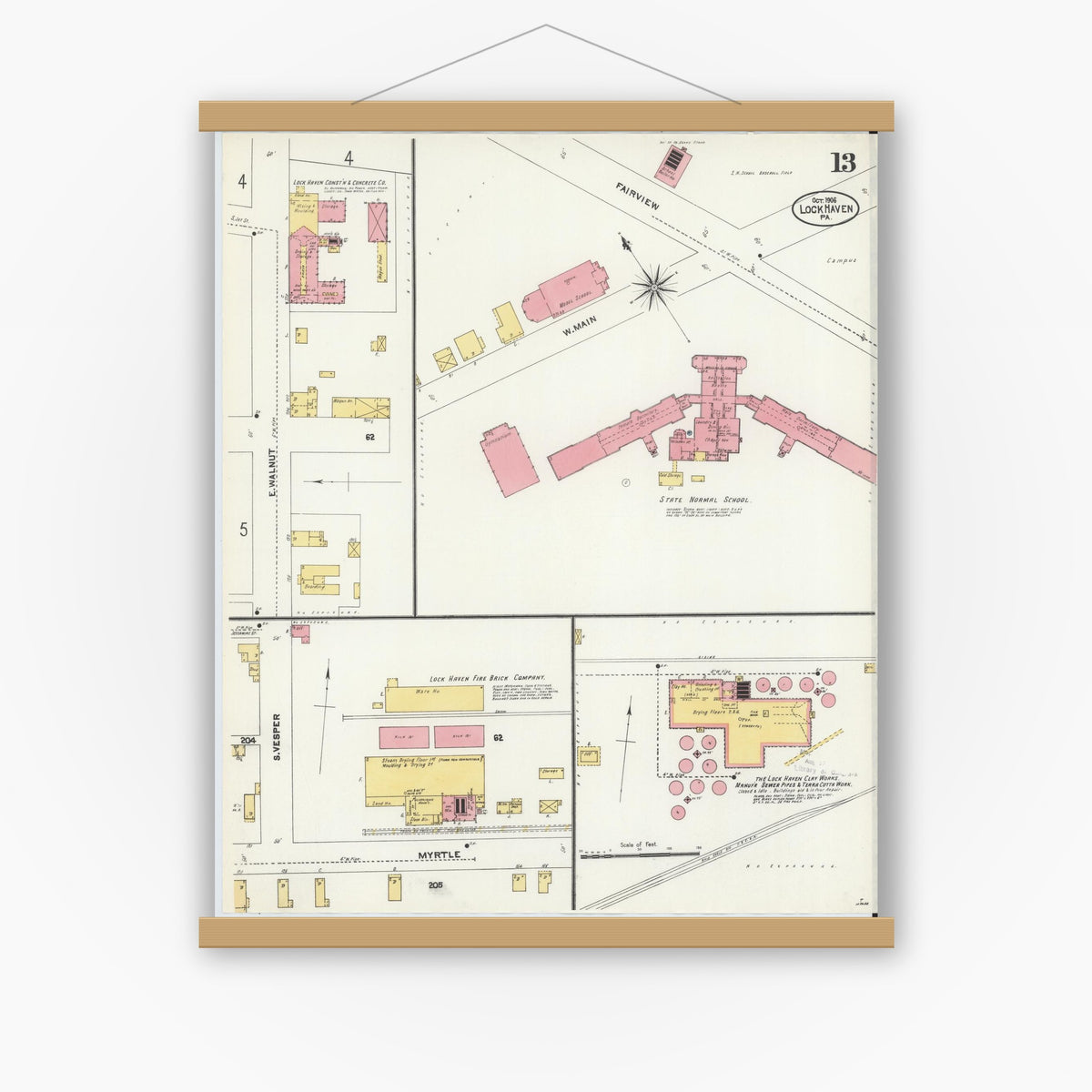 Old map wall art mockup — magnetic wood frame on white wall — Sanborn Fire Insurance Map from Lock Haven, Clinton County, Pennsylvania (1906), Sheet #0013