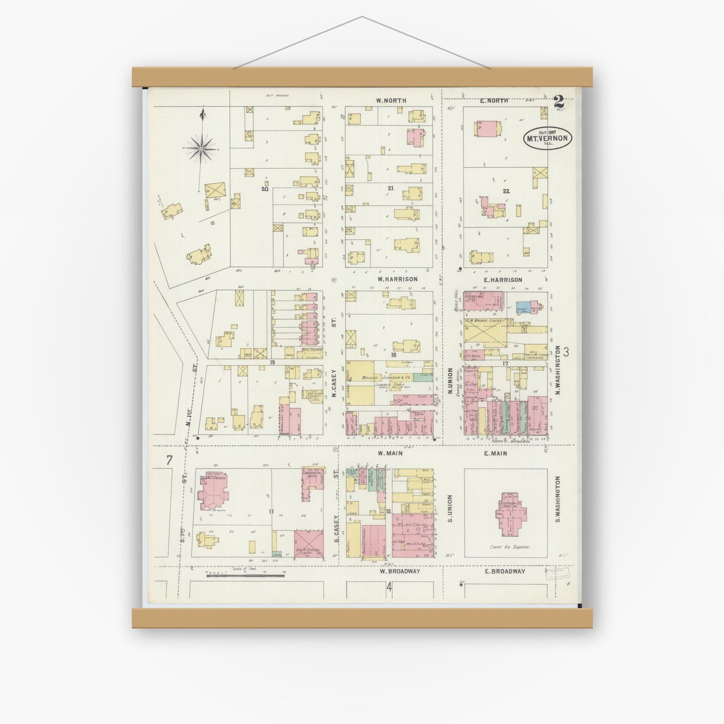 Old map wall art mockup — magnetic wood frame on white wall — Sanborn Fire Insurance Map from Mount Vernon, Jefferson County, Illinois (1897), Sheet #0002