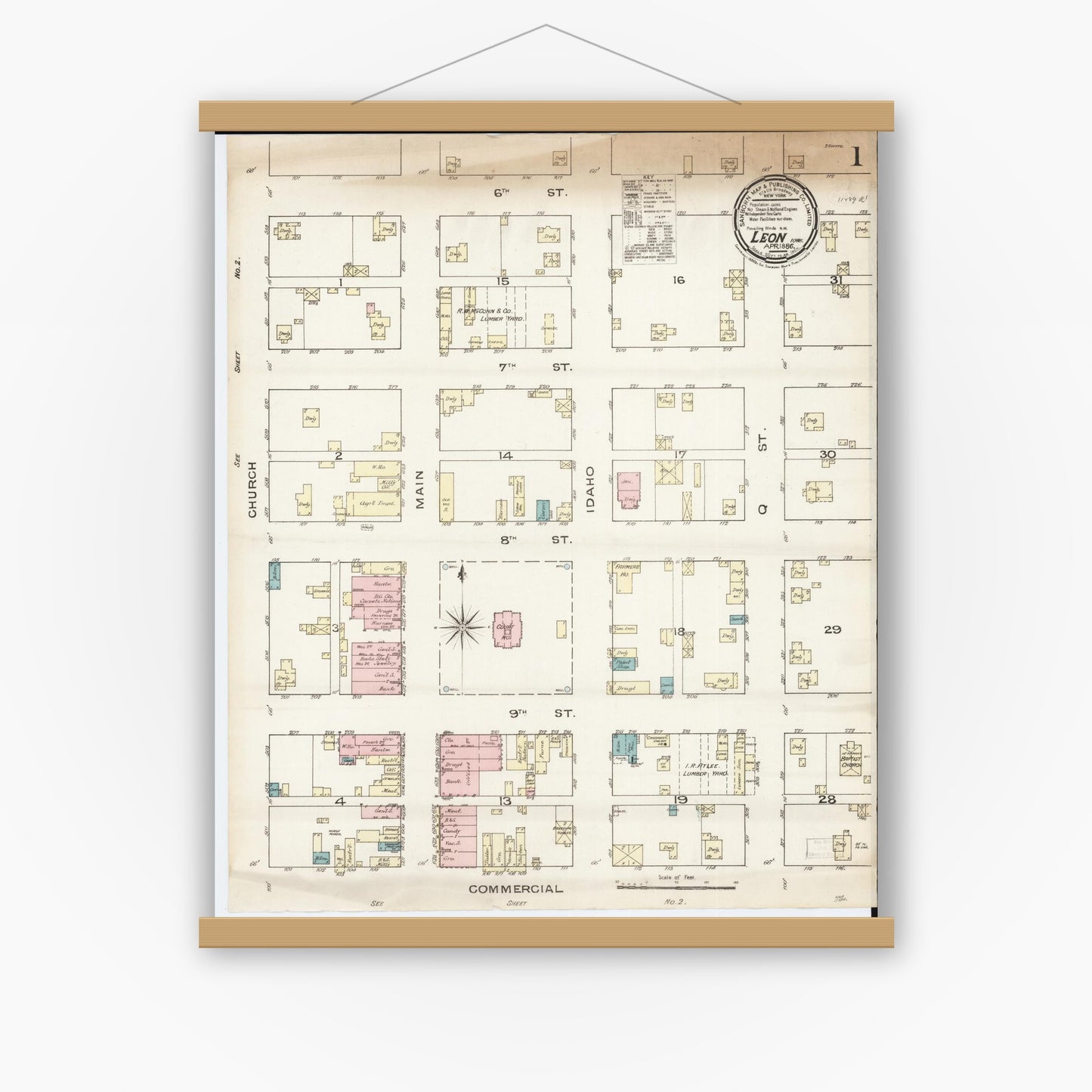 Old map wall art mockup — magnetic wood frame on white wall — Sanborn Fire Insurance Map from Leon, Decatur County, Iowa (1886) â€” Complete Set