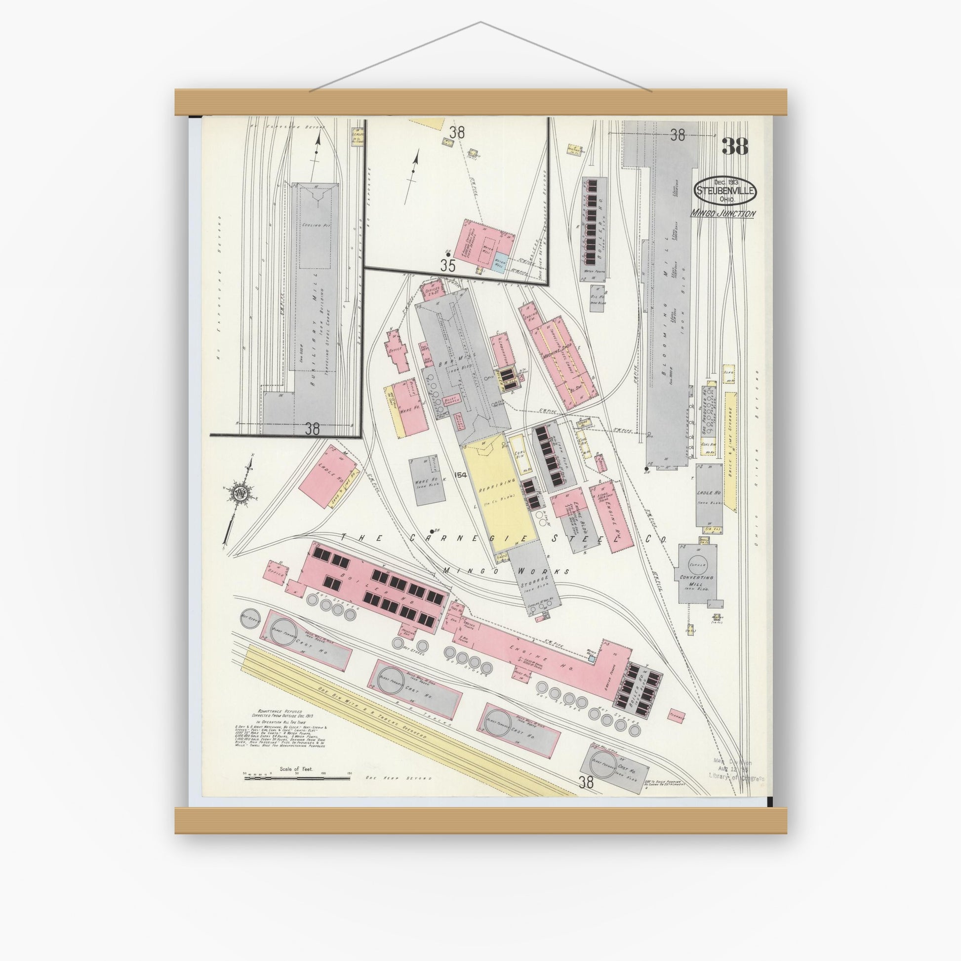 Old map wall art mockup — magnetic wood frame on white wall — Sanborn Fire Insurance Map from Steubenville, Jefferson County, Ohio (1913), Sheet #0038