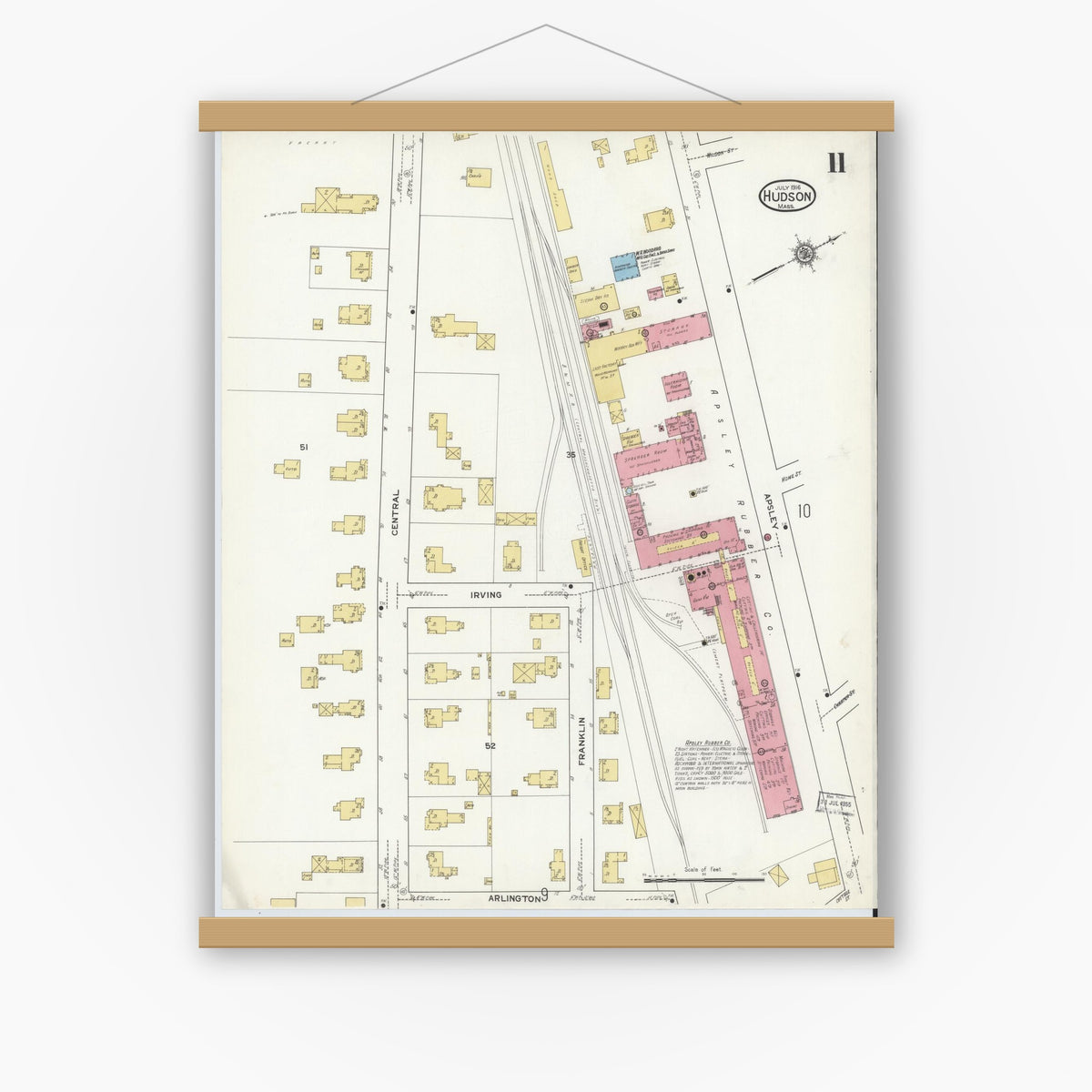 Old map wall art mockup — magnetic wood frame on white wall — Sanborn Fire Insurance Map from Hudson, Middlesex County, Massachusetts (1916), Sheet #0011