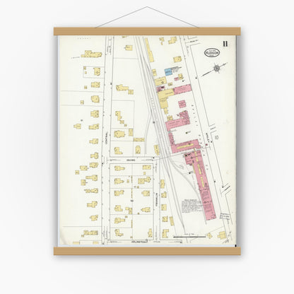 Old map wall art mockup — magnetic wood frame on white wall — Sanborn Fire Insurance Map from Hudson, Middlesex County, Massachusetts (1916), Sheet #0011
