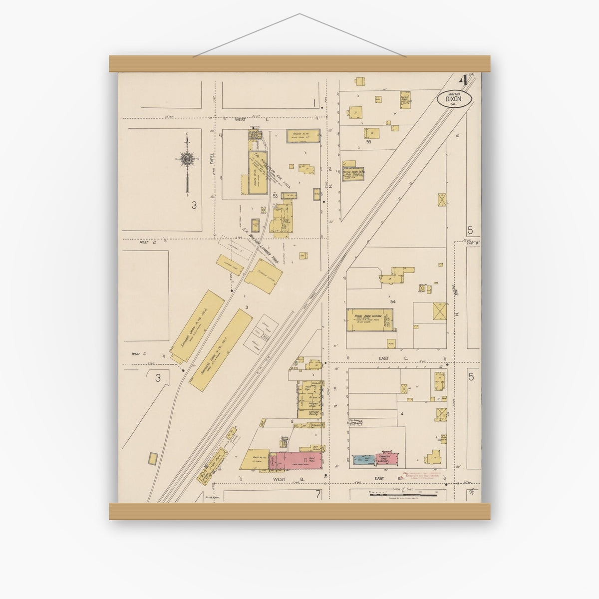 Old map wall art mockup — magnetic wood frame on white wall — Sanborn Fire Insurance Map from Dixon, Solano County, California (1921), Sheet #0004