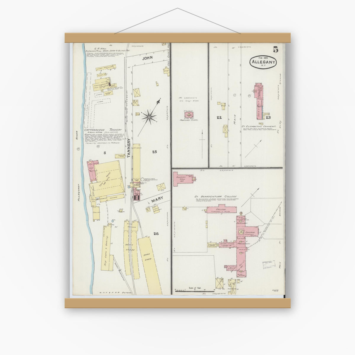 Old map wall art mockup — magnetic wood frame on white wall — Sanborn Fire Insurance Map from Allegany, Cattaraugus County, New York (1891), Sheet #0005