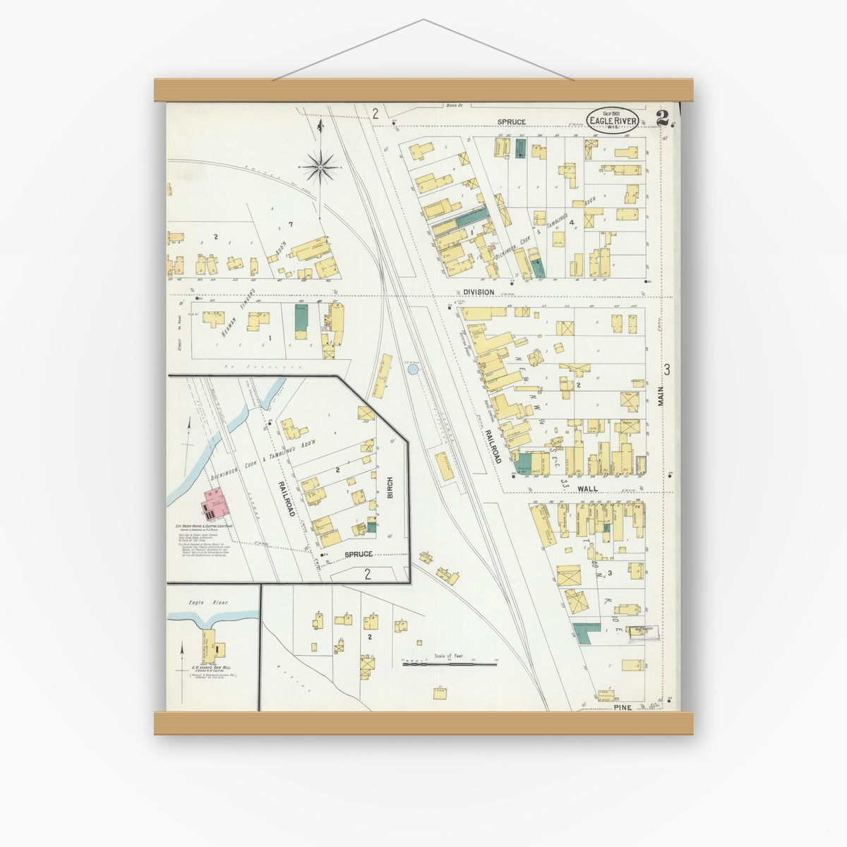 Old map wall art mockup — magnetic wood frame on white wall — Sanborn Fire Insurance Map from Eagle River, Vilas County, Wisconsin (1901), Sheet #0002