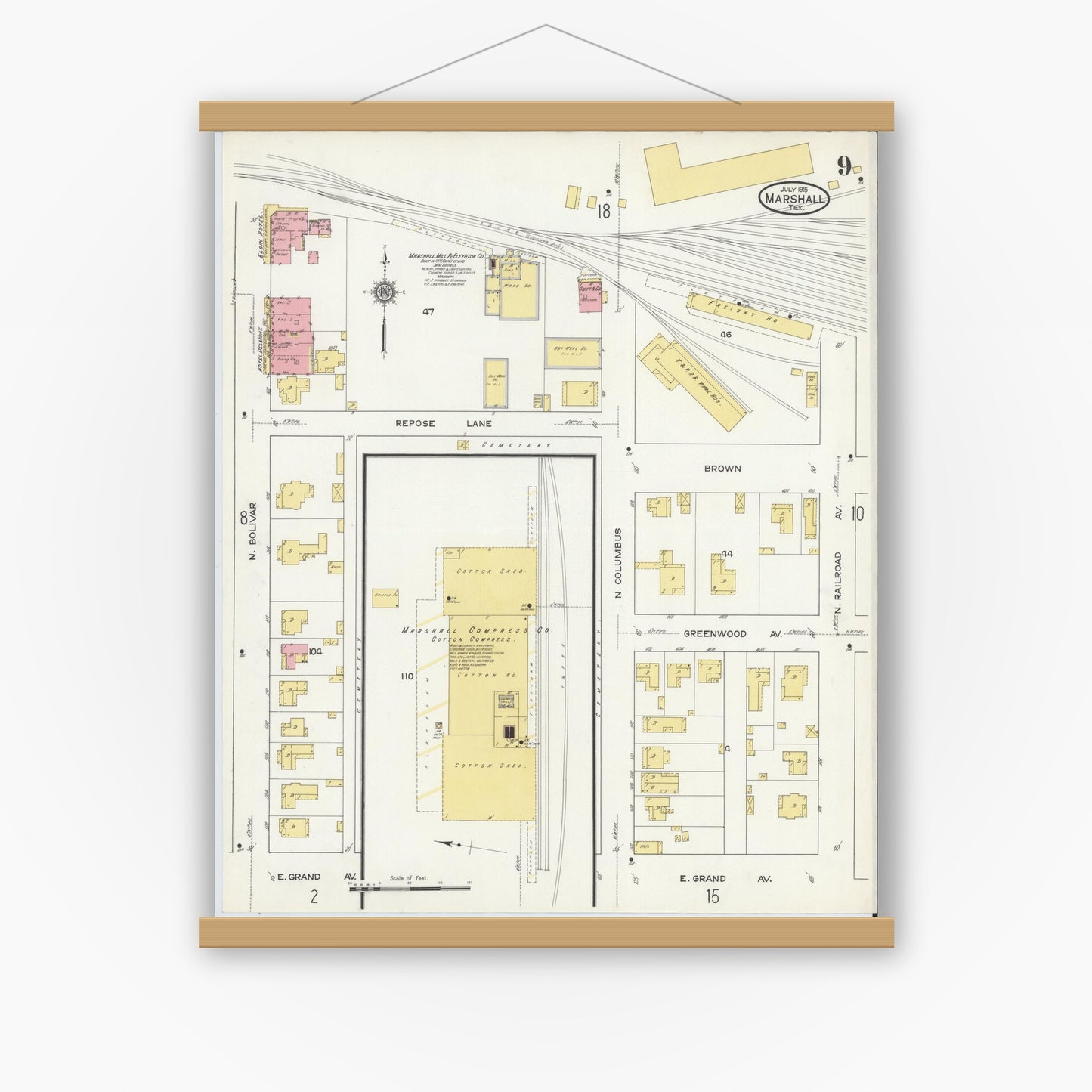 Old map wall art mockup — magnetic wood frame on white wall — Sanborn Fire Insurance Map from Marshall, Harrison County, Texas (1915), Sheet #0009
