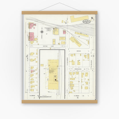 Old map wall art mockup — magnetic wood frame on white wall — Sanborn Fire Insurance Map from Marshall, Harrison County, Texas (1915), Sheet #0009