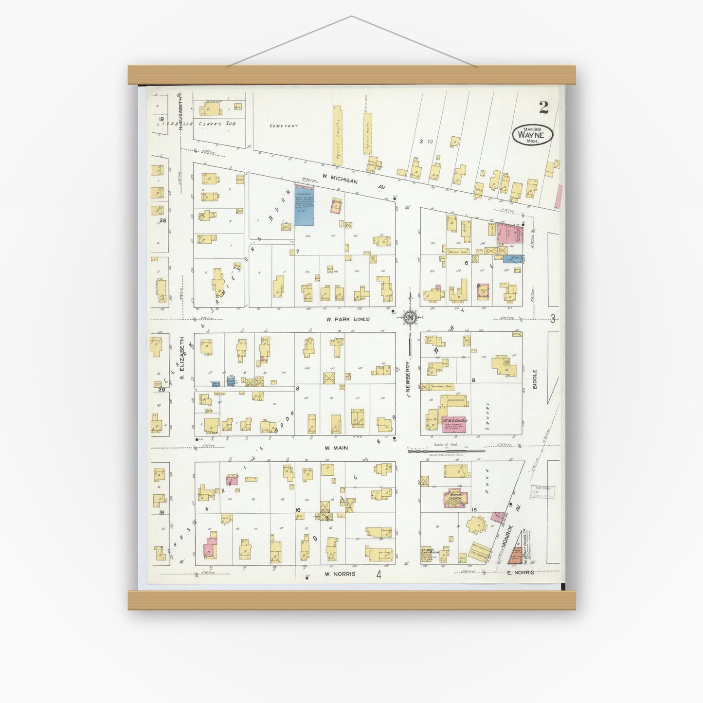 Old map wall art mockup — magnetic wood frame on white wall — Sanborn Fire Insurance Map from Wayne, Wayne County, Michigan (1919), Sheet #0002