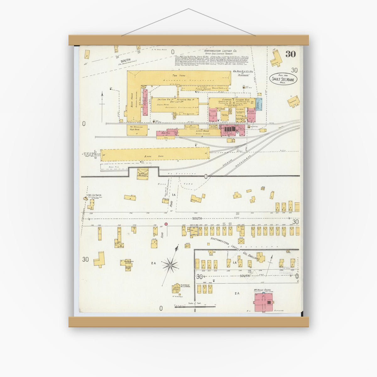 Old map wall art mockup — magnetic wood frame on white wall — Sanborn Fire Insurance Map from Sault Sainte Marie, Chippewa County, Michigan (1906), Sheet #0030