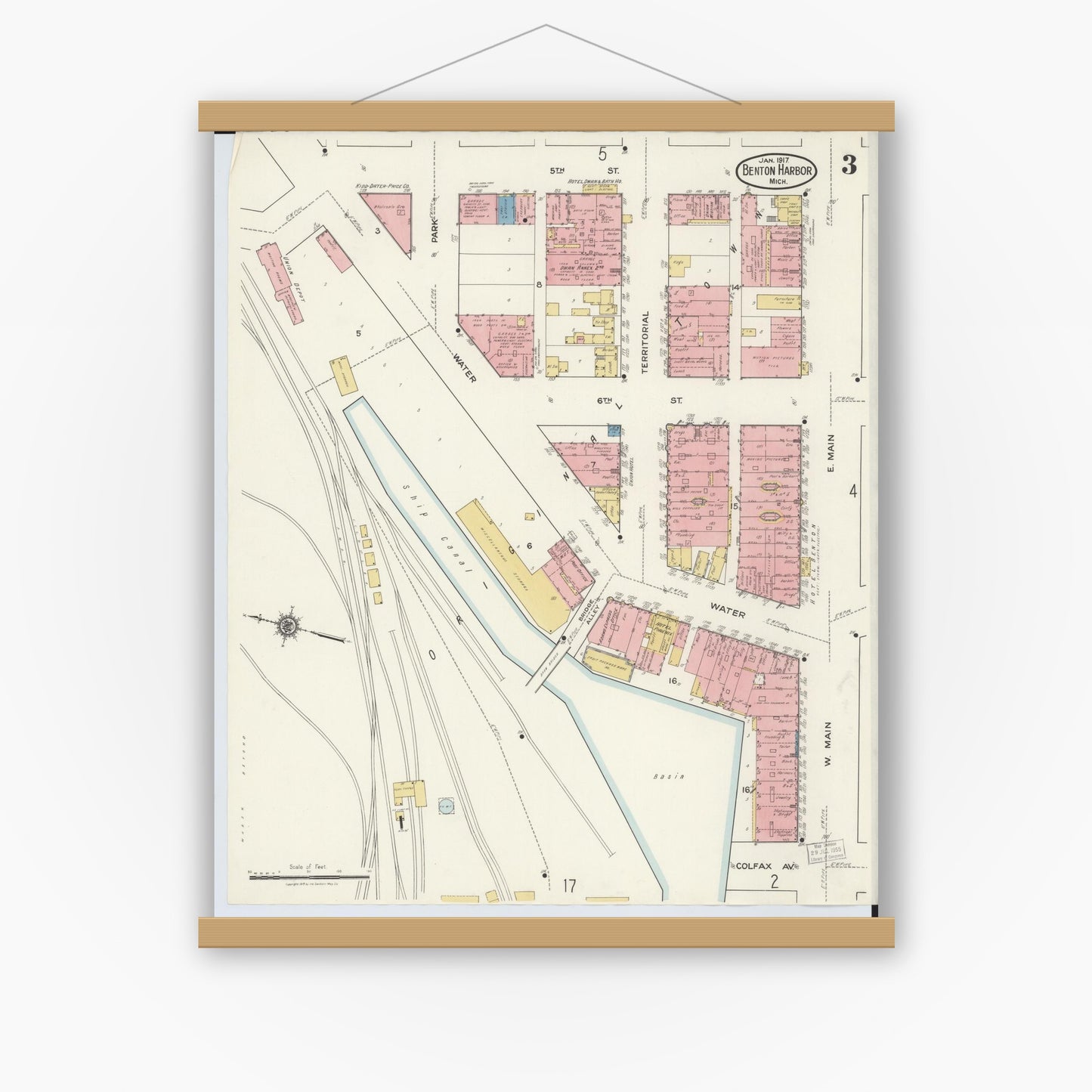 Old map wall art mockup — magnetic wood frame on white wall — Sanborn Fire Insurance Map from Benton Harbor, Berrien County, Michigan (1917), Sheet #0003