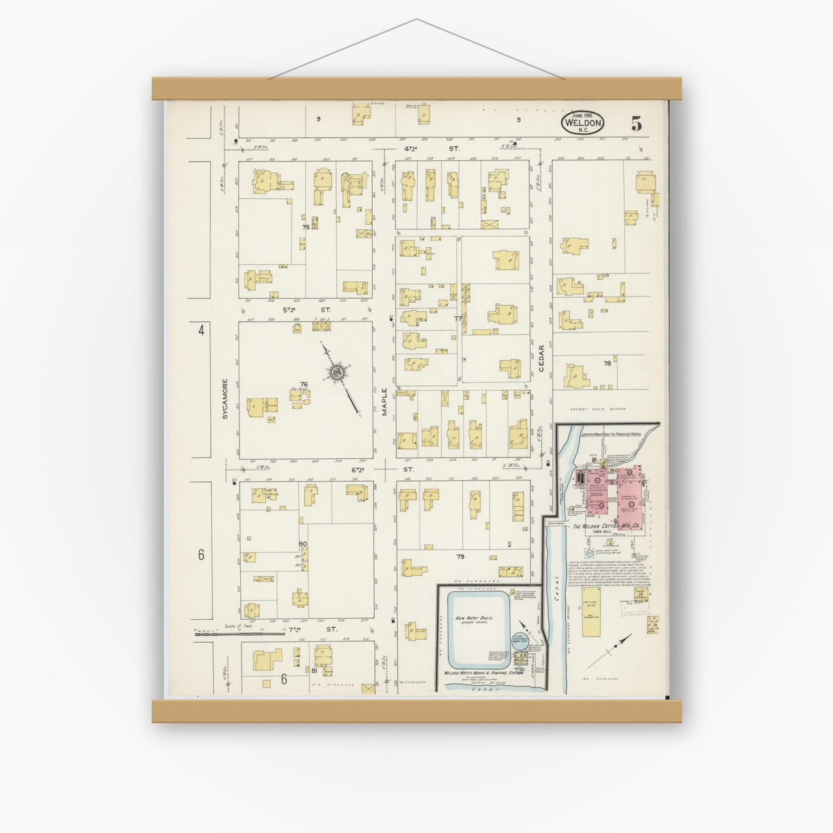 Old map wall art mockup — magnetic wood frame on white wall — Sanborn Fire Insurance Map from Weldon, Halifax County, North Carolina (1915), Sheet #0005