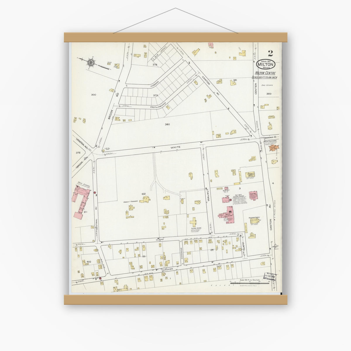Old map wall art mockup — magnetic wood frame on white wall — Sanborn Fire Insurance Map from Milton, Norfolk County, Massachusetts (1917), Sheet #0002