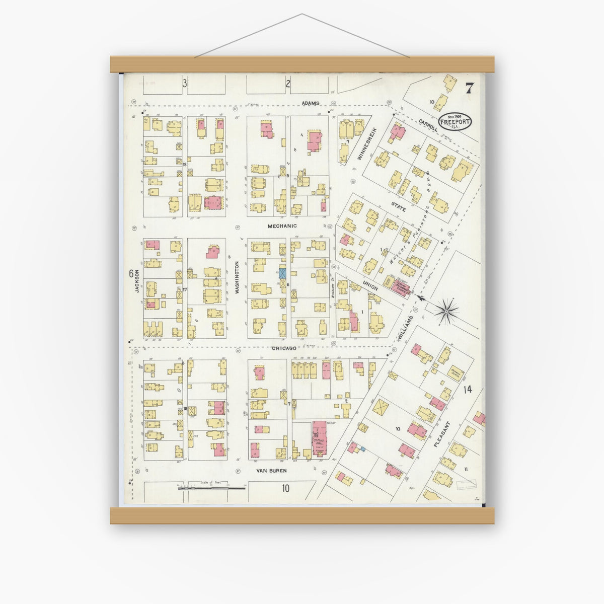 Old map wall art mockup — magnetic wood frame on white wall — Sanborn Fire Insurance Map from Freeport, Stephenson County, Illinois (1904), Sheet #0007