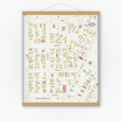 Old map wall art mockup — magnetic wood frame on white wall — Sanborn Fire Insurance Map from Freeport, Stephenson County, Illinois (1904), Sheet #0007