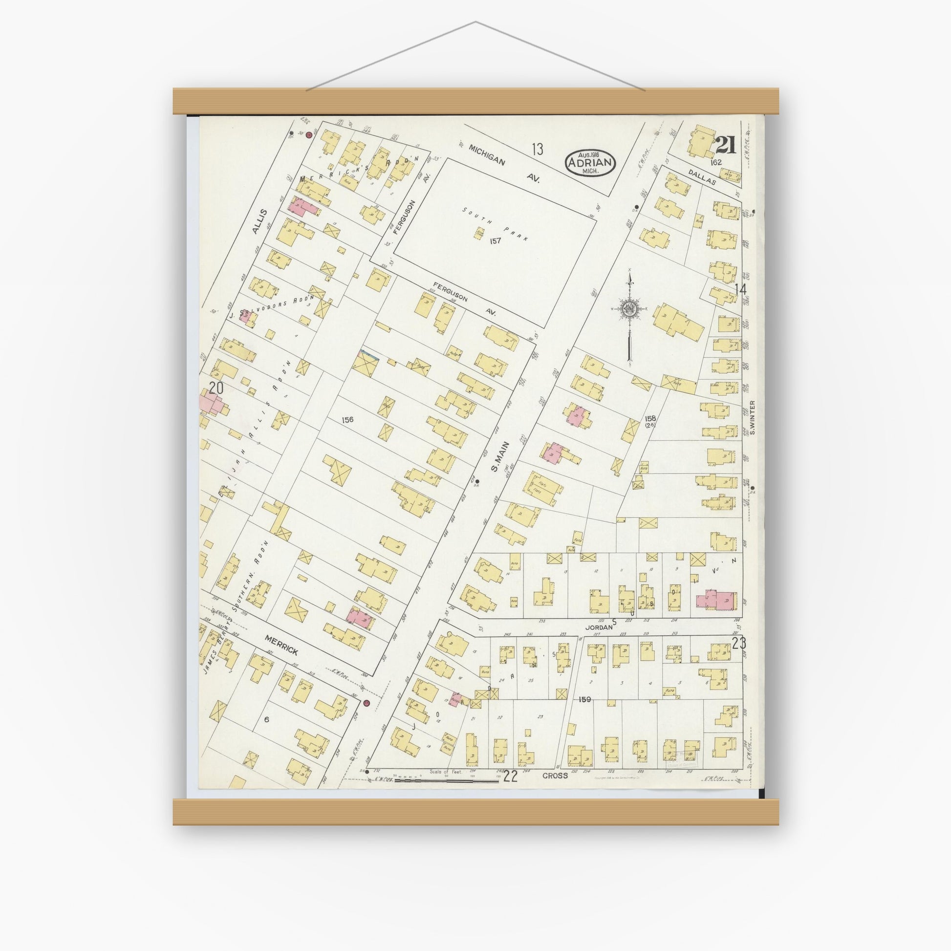 Old map wall art mockup — magnetic wood frame on white wall — Sanborn Fire Insurance Map from Adrian, Lenawee County, Michigan (1916), Sheet #0021