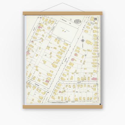 Old map wall art mockup — magnetic wood frame on white wall — Sanborn Fire Insurance Map from Adrian, Lenawee County, Michigan (1916), Sheet #0021