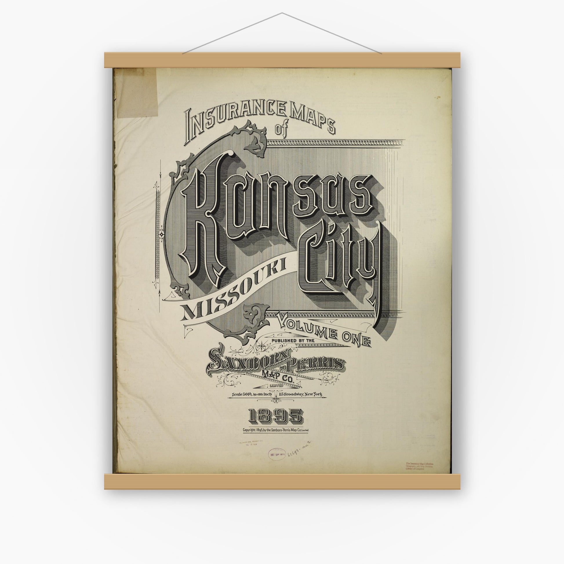 Old map wall art mockup — magnetic wood frame on white wall — Sanborn Fire Insurance Map from Kansas City, Jackson, Clay, And Platte Counties, Missouri (1895), Sheet #0001