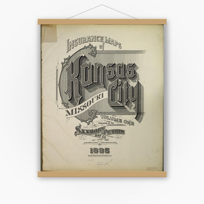 Old map wall art mockup — magnetic wood frame on white wall — Sanborn Fire Insurance Map from Kansas City, Jackson, Clay, And Platte Counties, Missouri (1895), Sheet #0001