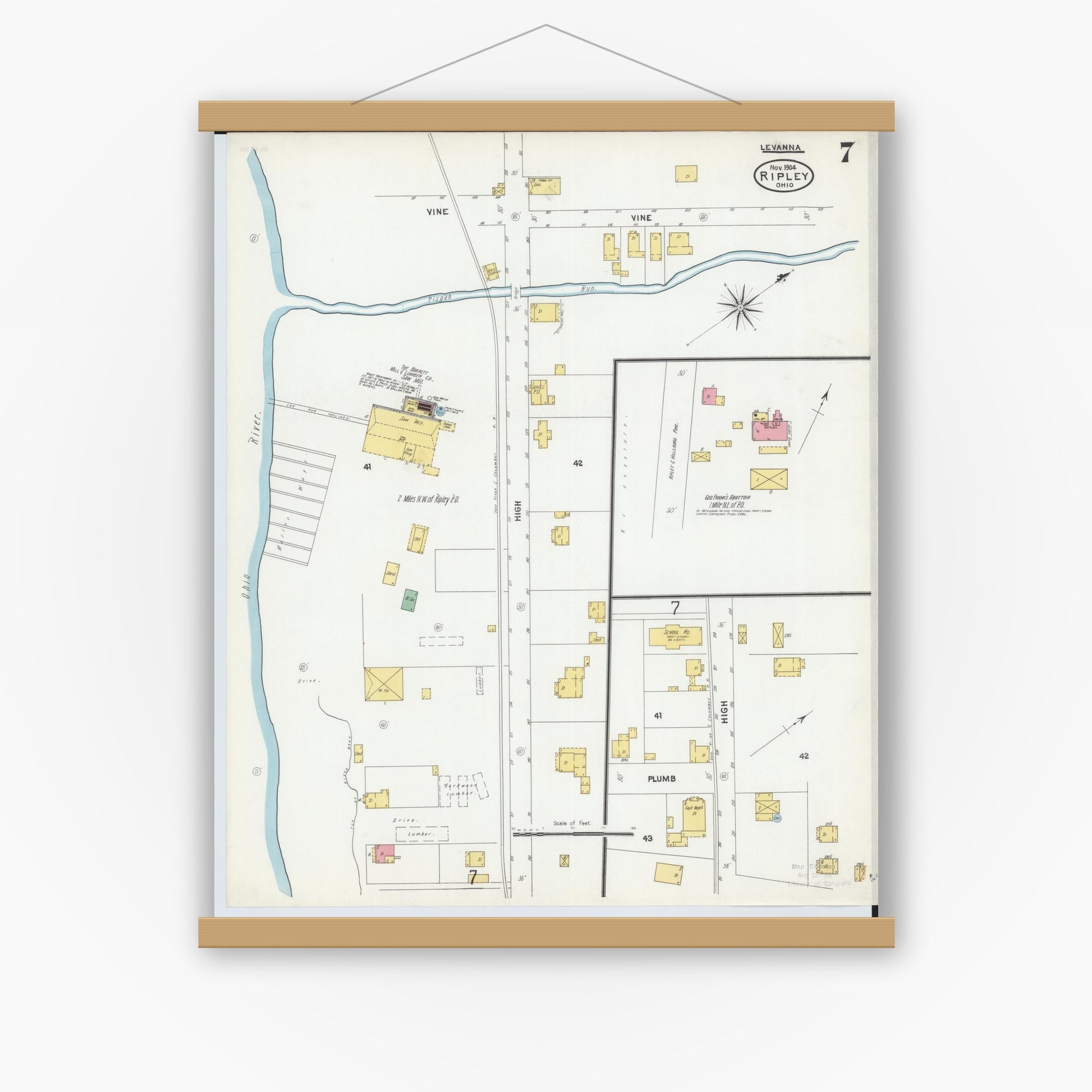 Old map wall art mockup — magnetic wood frame on white wall — Sanborn Fire Insurance Map from Ripley, Brown County, Ohio (1904), Sheet #0007