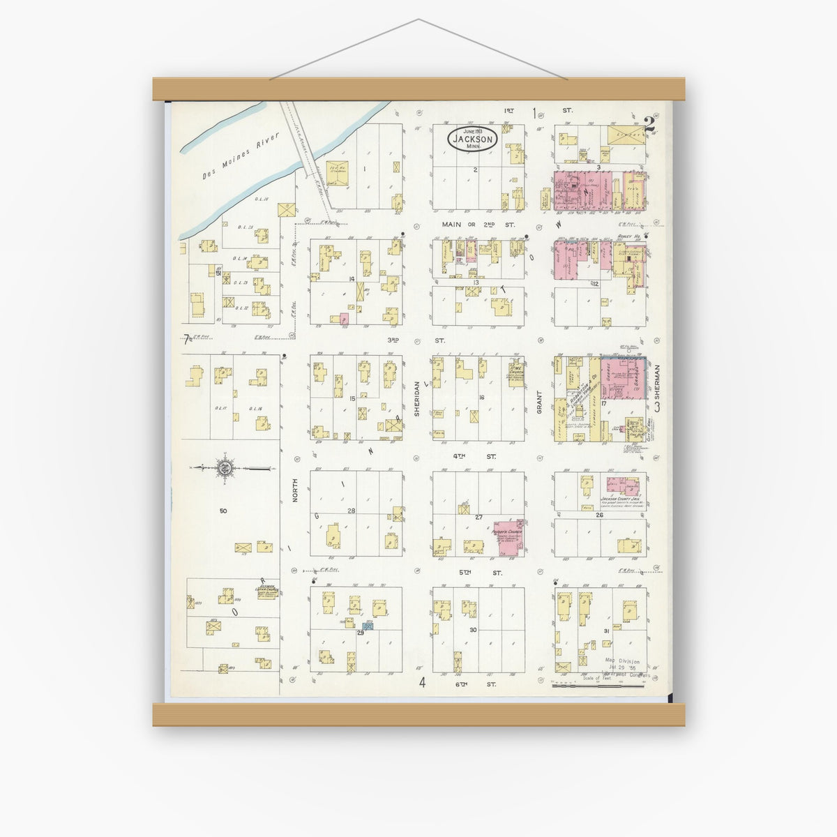 Old map wall art mockup — magnetic wood frame on white wall — Sanborn Fire Insurance Map from Jackson, Jackson County, Minnesota (1913), Sheet #0002