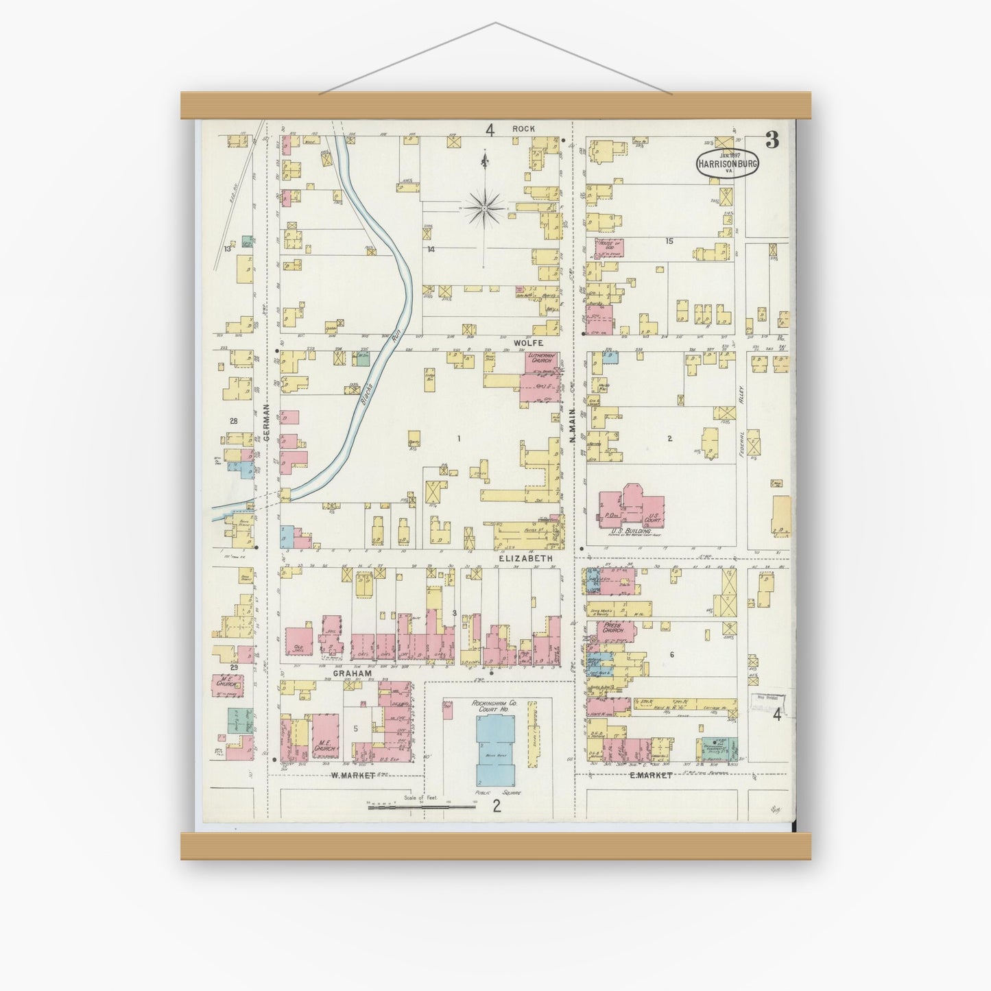 Old map wall art mockup — magnetic wood frame on white wall — Sanborn Fire Insurance Map from Harrisonburg, Independent Cities, Virginia (1897), Sheet #0003