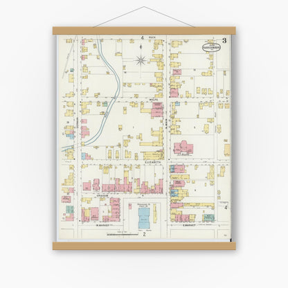 Old map wall art mockup — magnetic wood frame on white wall — Sanborn Fire Insurance Map from Harrisonburg, Independent Cities, Virginia (1897), Sheet #0003