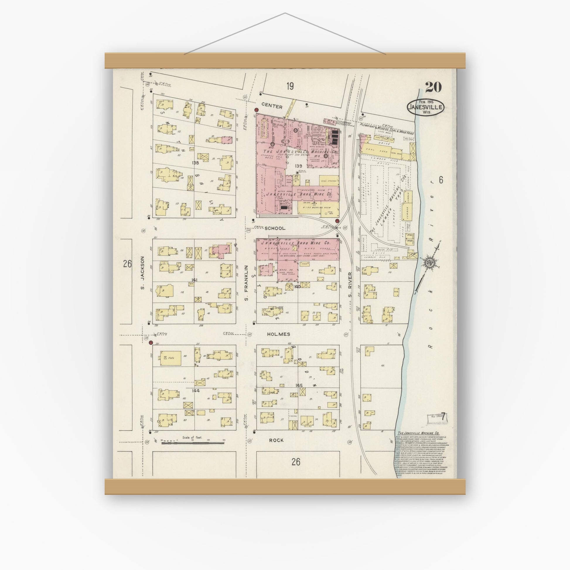 Old map wall art mockup — magnetic wood frame on white wall — Sanborn Fire Insurance Map from Janesville, Rock County, Wisconsin (1915), Sheet #0020