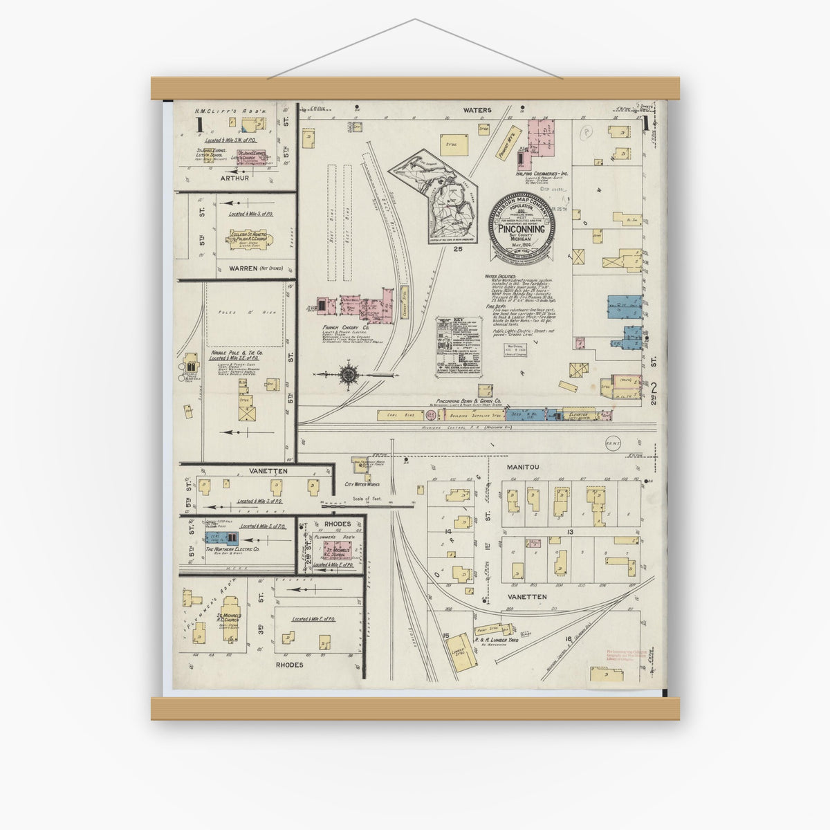 Old map wall art mockup — magnetic wood frame on white wall — Sanborn Fire Insurance Map from Pinconning, Bay County, Michigan (1924), Sheet #0001